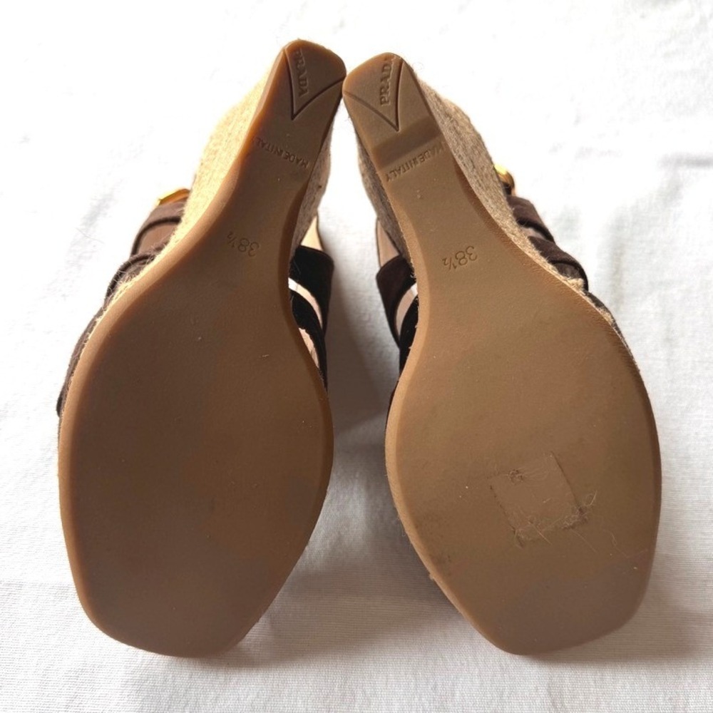 Prada Brown Suede Espadrille Wedge Sandals Slingback Ruched Italian Size 38.5 - Picture 6 of 9